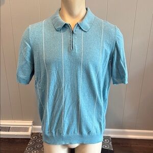 Magaschoni Men’s Large Blue and White Polo Zip Up with Textured Knit